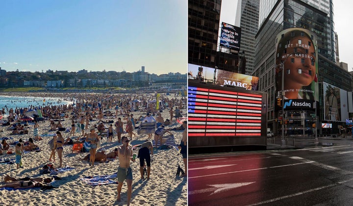 Outrage has sparked online after images of packed Sydney beaches went viral on Twitter, with some comparing the photos to other global cities in lockdown.
