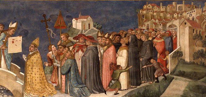 Τοιχογραφία του ίδιου θαύματος (λεπτομέρεια). Ugolino di Prete Ilario (1357-64), Καθεδρικός ναός του Orvieto.