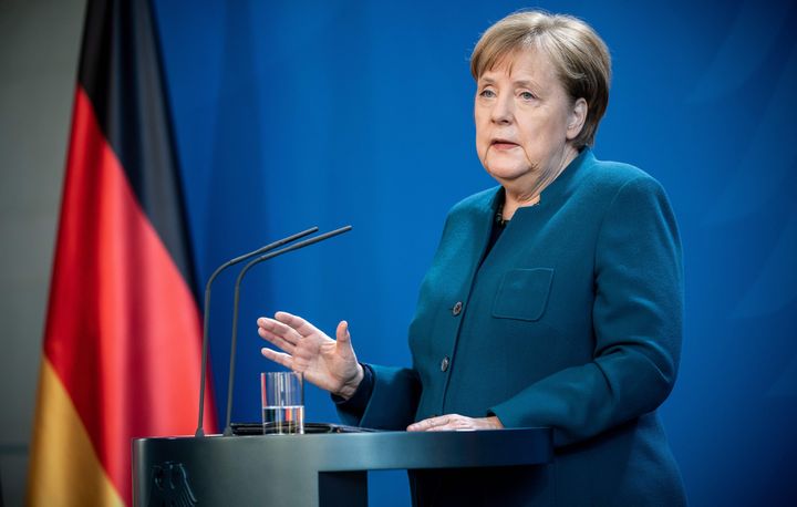 German Chancellor Angela Merkel makes a press statement on the spread of the new coronavirus at the Chancellery in Berlin on Sunday.