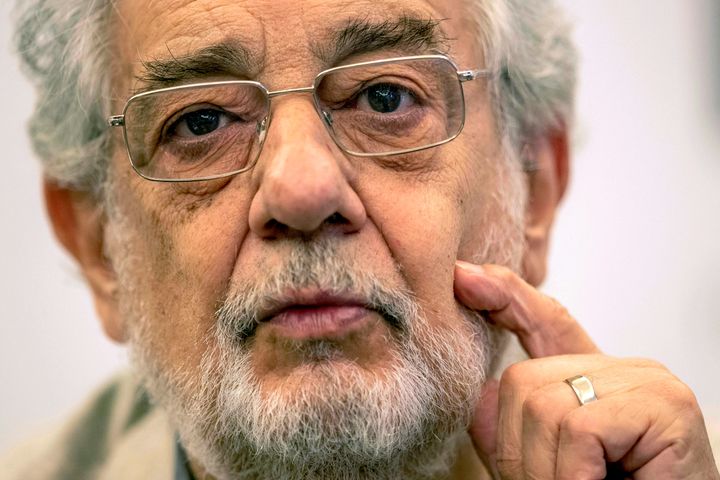 In this July 12, 2019 file photo, opera singer Placido Domingo speaks during a news conference about an upcoming show in Madrid, Spain. (AP Photo/Bernat Armangue, File)
