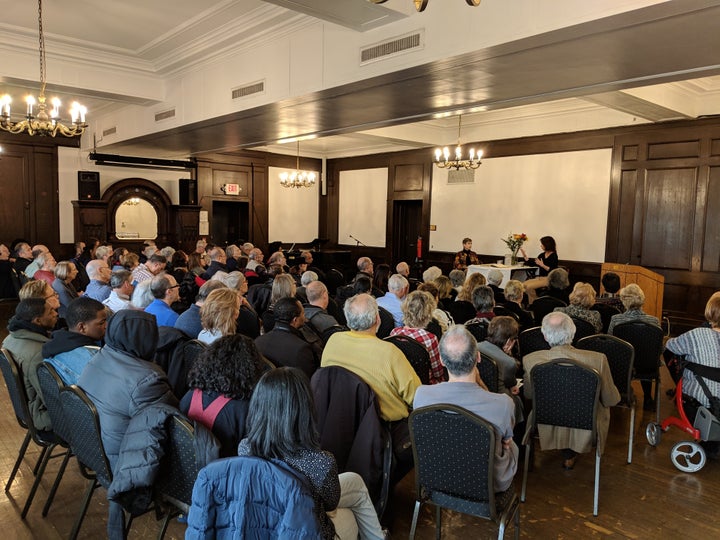 A gathering of the New York Society for Ethical Culture at its meeting house on Central Park West, in New York City, before social distancing measures were in place.