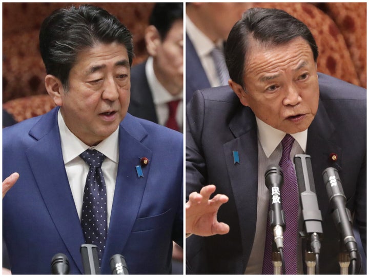 答弁する安倍晋三首相、麻生太郎財務大臣