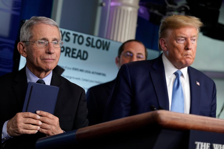 Dr. Anthony Fauci, left, and President Donald Trump at a White House press briefing with the coronavirus task force.