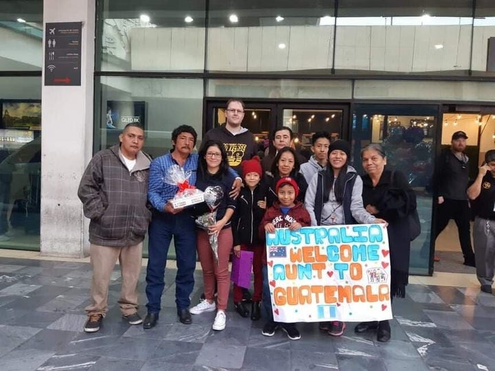 Silvia McIntosh, who grew up in Melbourne with adopted parents, flew to Guatemala to see her birth parents on March 13. She is now stranded in Central America and away from her two small children. Silvia's extended family greeted her at La Aurora airport in Guatemala City on March 13, 2020.