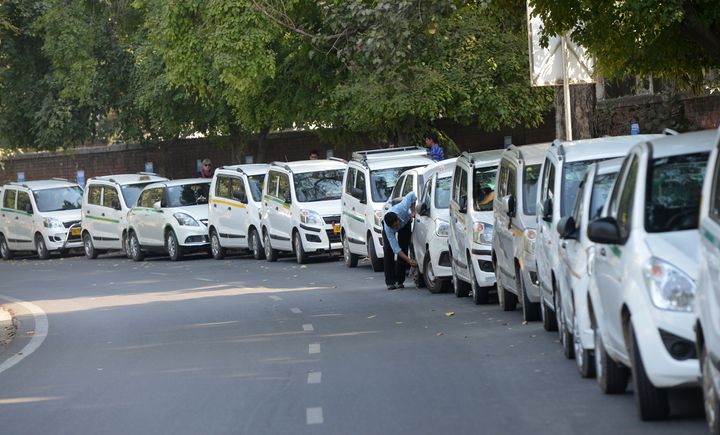 Ola and Uber taxi drivers seen in a file photo at Jantar Mantar, New Delhi.