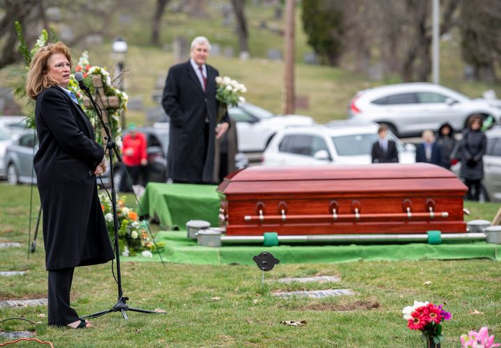 Terri McDermott speaks during the funeral of her husband Norbert Coyne McDermott III, better known as "Bert," amid the COVID-19 pandemic on Saturday, March 21, 2020.