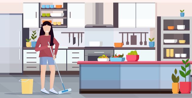 housewife mopping floor woman cleaner doing housework girl holding mop cleaning concept modern kitchen interior full length flat horizontal vector illustration