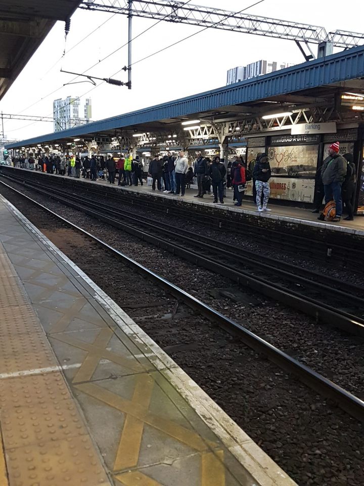 A crowded station platform at Barking on Monday