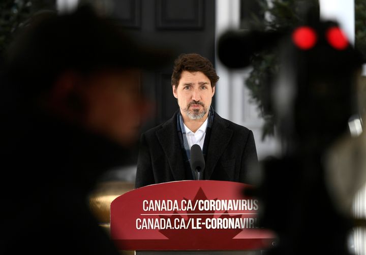 Prime Minister Justin Trudeau speaks at a press conference on COVID-19 at Rideau Cottage, his residence on the grounds of Rideau Hall in Ottawa, on March 21, 2020. 