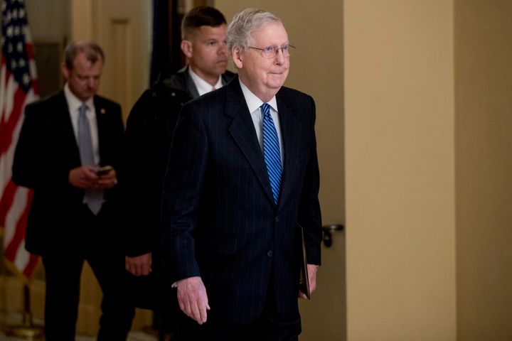 Senate Majority Leader Mitch McConnell of Ky. walks to the Senate Chamber on Capitol Hill in Washington, Monday, March 23, 2020. (AP Photo/Andrew Harnik)