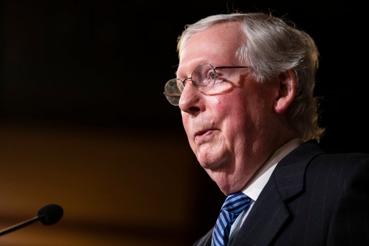 Senate Majority Leader Mitch McConnell (R-KY) holds a news conference after the Senate voted to acquit President Donald Trump on the two articles of impeachment brought by the House of Representatives to the Senate for trial on Capitol Hill on February 5, 2020 in Washington, D.C