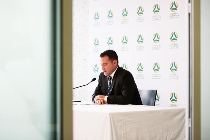 SYDNEY, AUSTRALIA - MARCH 24: FFA CEO James Johnson speaks to the media during a press conference regarding the A-League season at FFA Offices on March 24, 2020 in Sydney, Australia. (Photo by Matt King/Getty Images)