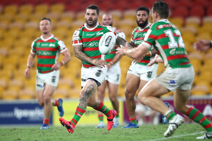 Adam Reynolds of the Rabbitohs passes the ball during the round 2 NRL match between the Brisbane Broncos and the South Sydney Rabbitohs at Suncorp Stadium on March 20, 2020 in Brisbane, Australia. 