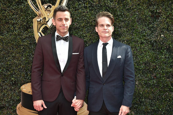 Greg Rikaart, right, with husband Robert Sudduth at the 2018 Daytime Emmy Awards.