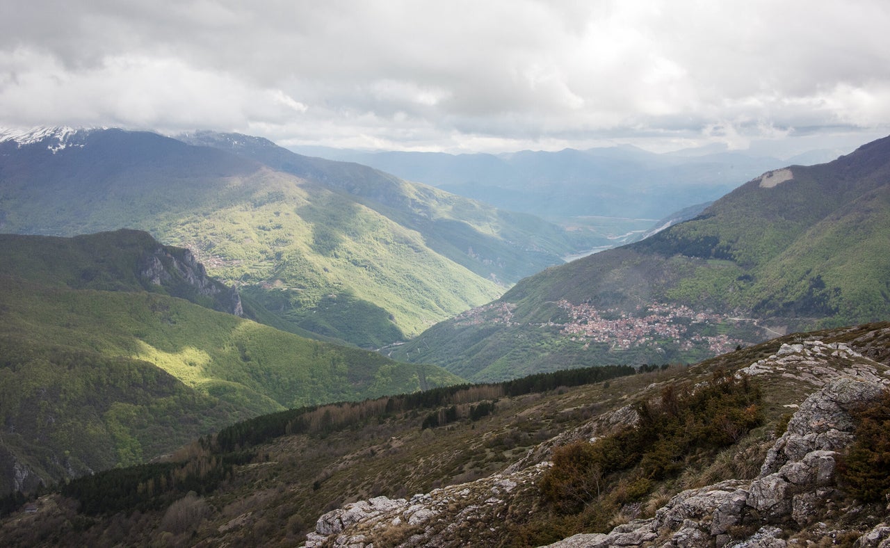 A view toward Lake Debar, outside of Mavrovo National Park, an artificial lake formed by the Špilje hydropower dam. The dam was raised to its current height in the late 1960s.