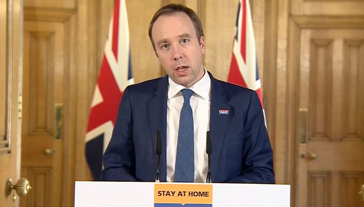 Screen grab of Health Secretary Matt Hancock speaking during a media briefing in Downing Street, London, on coronavirus (COVID-19).