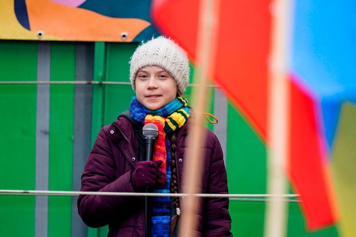 Greta Thunberg speaks at a climate march in Brussels, Belgium in early March. She says she started experiencing mild coronavirus symptoms not long after she returned home.