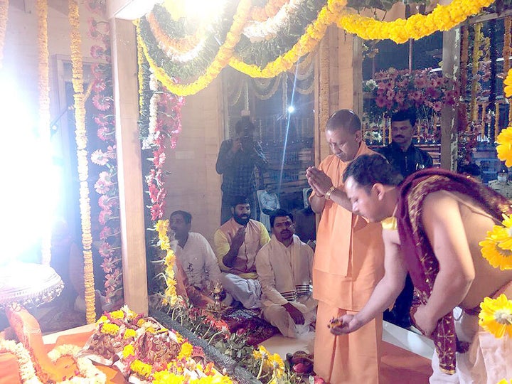 Chief Minister Yogi Adityanath offers prayers at the makeshift temple. 