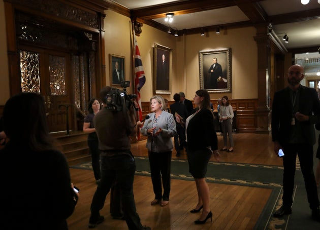 NDP leader Andrea Horwath speaks to reporters at Queen's Park in