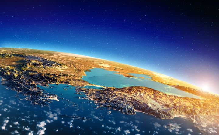 Greece and Turkey sunrise. Elements of this image furnished by NASA. 3d rendering