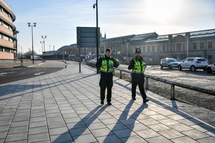 British Transport Police patrol the perimeter of Bristol Temple Meads train station.