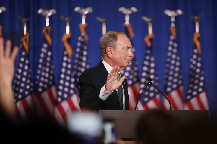 Former Democratic presidential candidate Mike Bloomberg addresses his staff and the media after announcing that he was ending his campaign on March 4. Bloomberg spent more than $900 million on his presidential bid — and only a fraction of that on coronavirus aid.