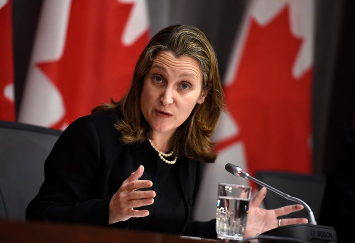 Deputy Prime Minister Chrystia Freeland speaks during a press conference on COVID-19 in West Block on Parliament Hill in Ottawa on March 19, 2020.