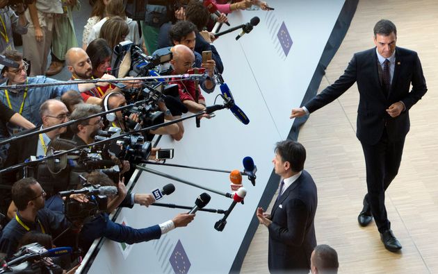 Spanish Prime Minister Pedro Sanchez, right, and Italian Prime Minister Giuseppe Conte, second right,...