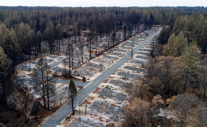 Homes leveled by the Camp Fire line the Ridgewood Mobile Home Park retirement community in Paradise, Calif. Pacific Gas & Electric has admitted responsibility for the blaze.