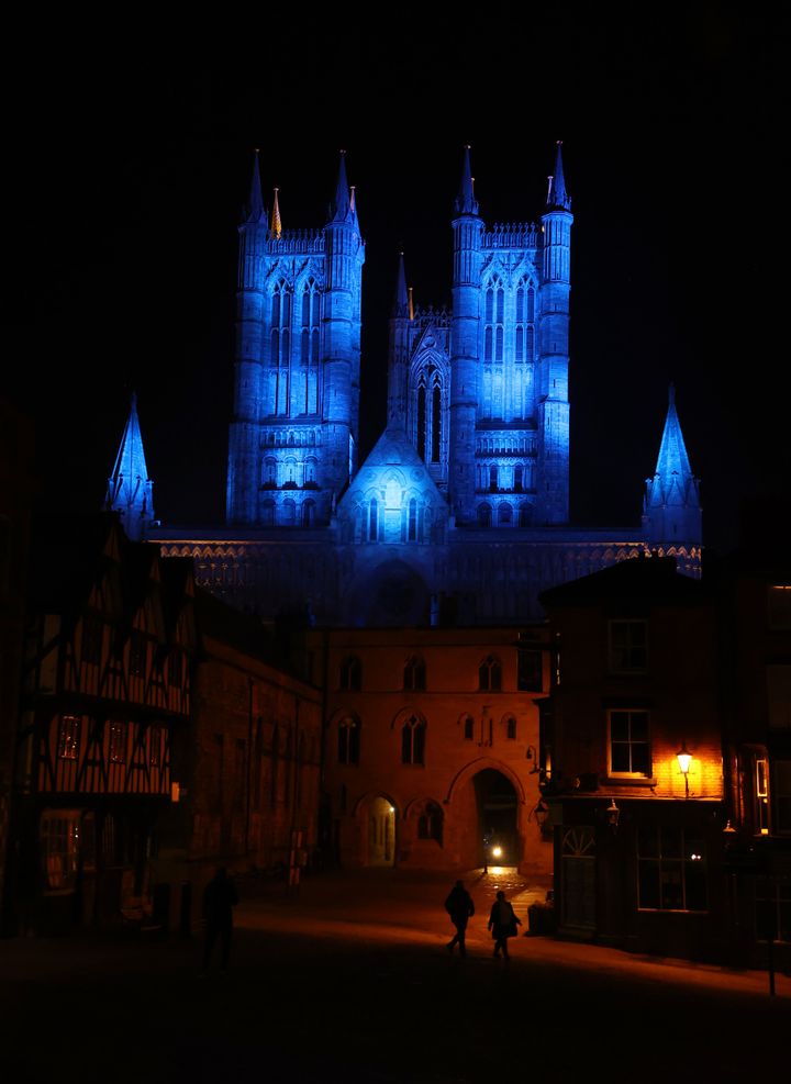 Lincoln Cathedral is lit up in blue in a gesture of thanks to the hardworking NHS staff who are trying to battle coronavirus.