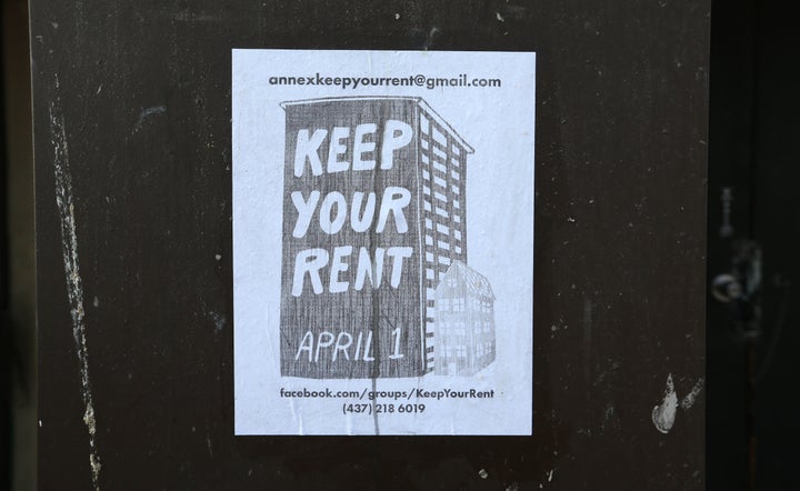 A poster in Toronto on March 24. With many not working there is a groundswell for free rent in April as only essential industries are open as the province shut down non-essential services and industries to help slow the spread of COVID-19.