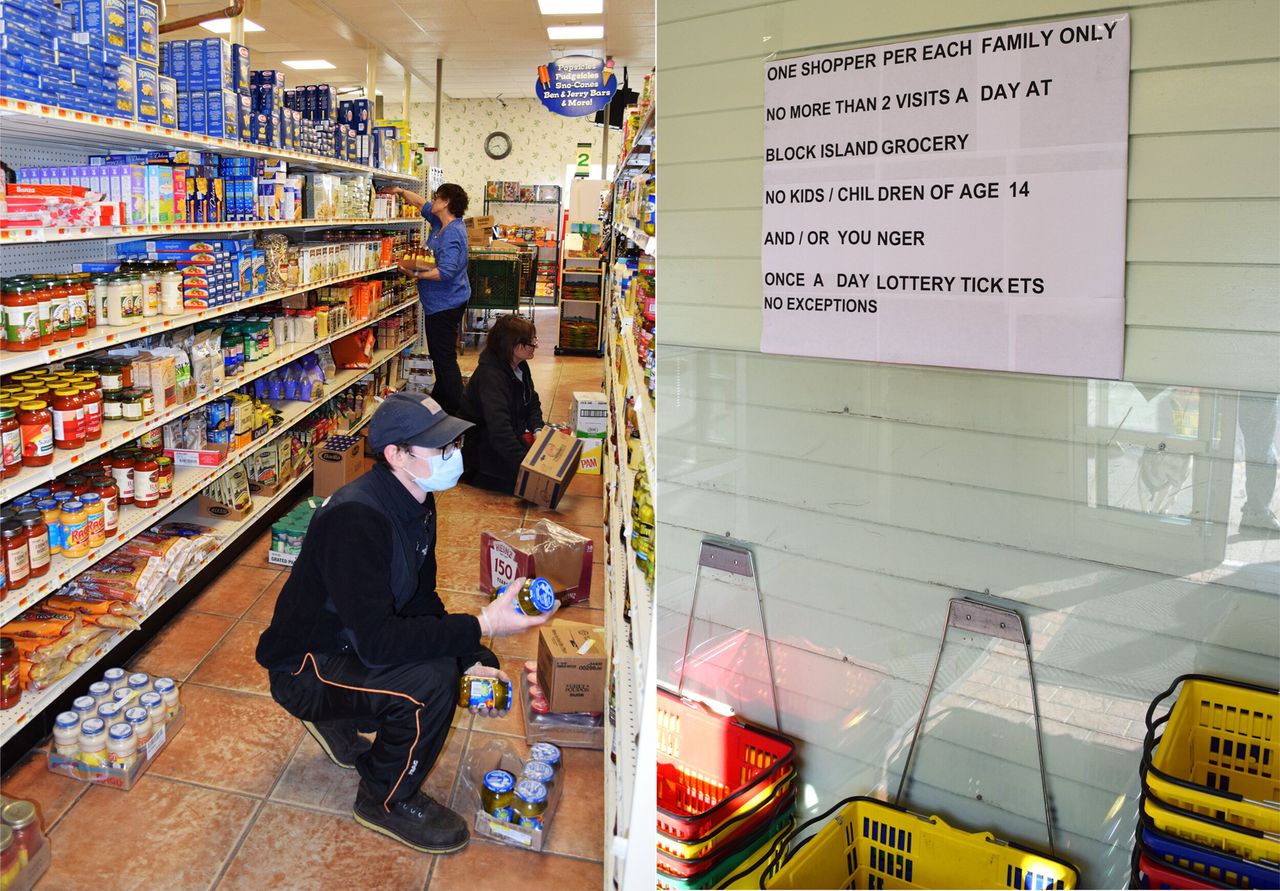 Workers stock shelves at Block Island's only year-round grocery store on March 26. Posted rules limit the number of visits per day.