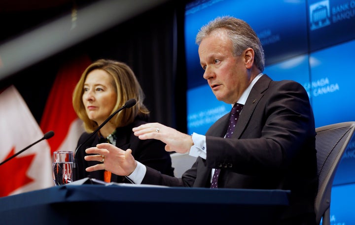 Bank of Canada Governor Stephen Poloz foreground, next to Senior Deputy Governor Carolyn Wilkins at a news conference in Ottawa, Jan. 22, 2020.