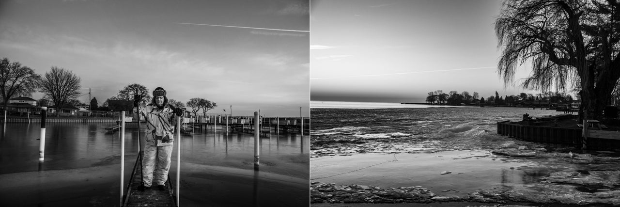 Left: Tim Sacka, a 50-year ice fishing veteran (and the photographer’s father) prepares to fish off the docks behind the St. Clair Shores public library on Dec. 22, 2019. Right: Ice begins to form on the edges of Lake St. Clair. At the end of the winter, safe ice is still not easy to come by. Organizers of the region’s popular “Cold as Ice” fishing tournament had to reschedule and eventually cancel the annual festivity because ice never came.