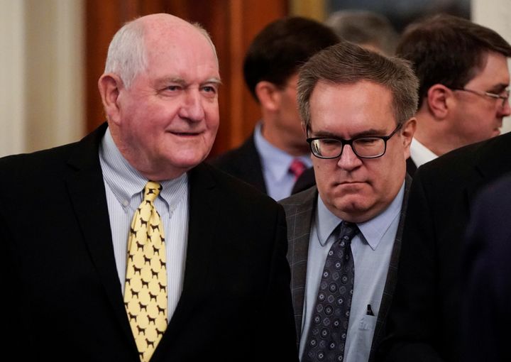 Secretary of Agriculture Sonny Perdue stands beside Environmental Protection Agency Administrator Andrew Wheeler.