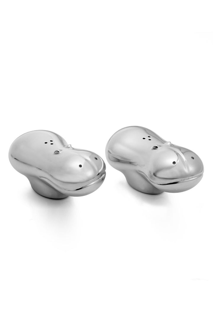 Add a whimsical element to your table setting with these hippo-shaped shakers fashioned from gleaming metal alloy.