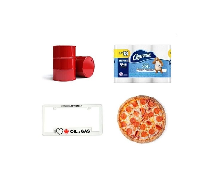 These four items — a barrel of Alberta oil, a six-pack of toilet paper, a novelty "I heart oil and gas" licence plate cover and a medium two-topping pizza — all cost around the same amount.