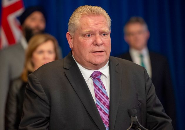 Ontario Premier Doug Ford answers questions at Queen's Park in Toronto on Friday.