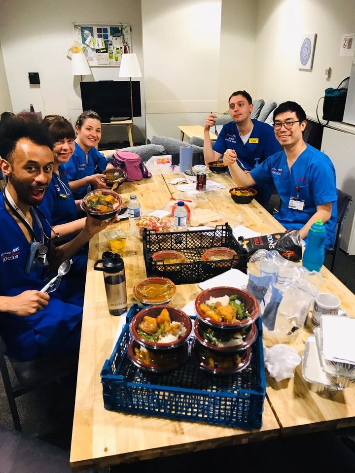 Staff at Royal London Hospital after a meal drop-off.