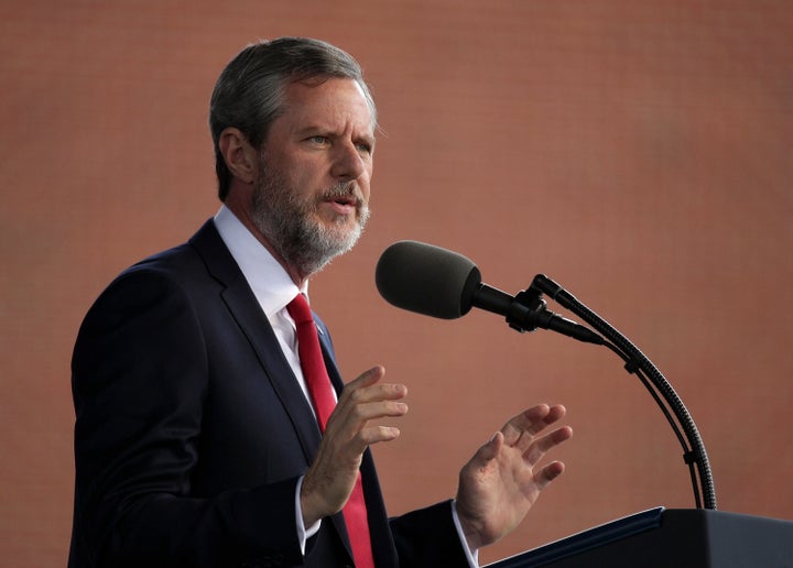 Jerry Falwell, the president of Liberty University, speaks during the school's commencement ceremony in 2017.