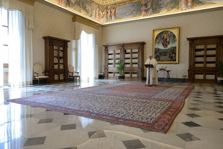 Pope Francis delivers the weekly Angelus prayer, streamed via video over the internet from inside the Vatican on March 29, 2020.
