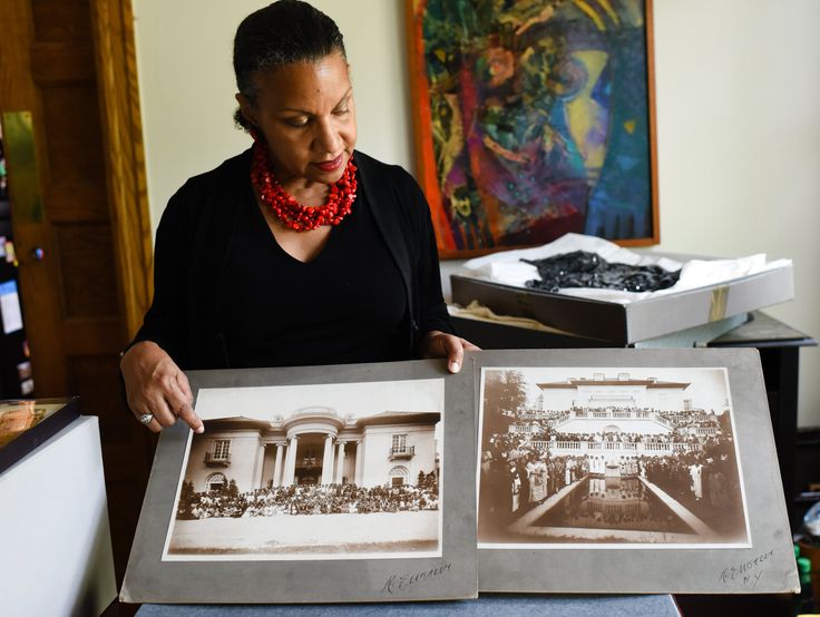 A'Lelia Bundles, looks at two pictures of Walker agents during the eighth annual convention of sales agents in the summer of 1924.