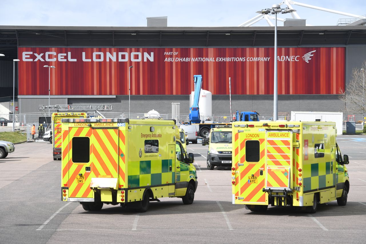 Ambulances at the ExCel centre in London, which is being made into a temporary hospital