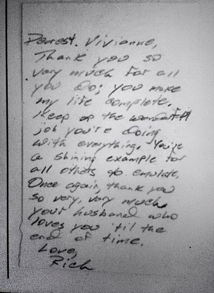 A note that Lt. Col. Richard Wersel left one morning for Vivianne Wersel in January 2005 "out of the clear blue."