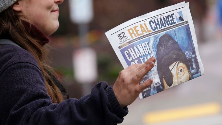 The street newspaper Real Change is written by a paid staff and sold by self-employed vendors, many of whom are homeless.