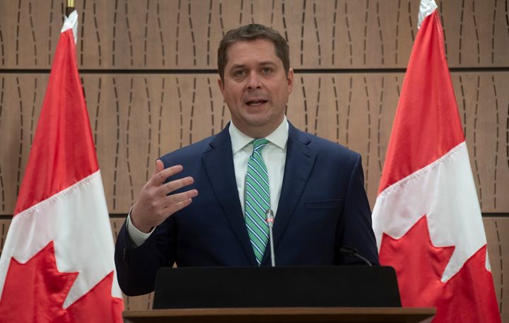 Andrew Scheer speaks during a news conference on the COVID-19 virus in Ottawa, on March 24, 2020.