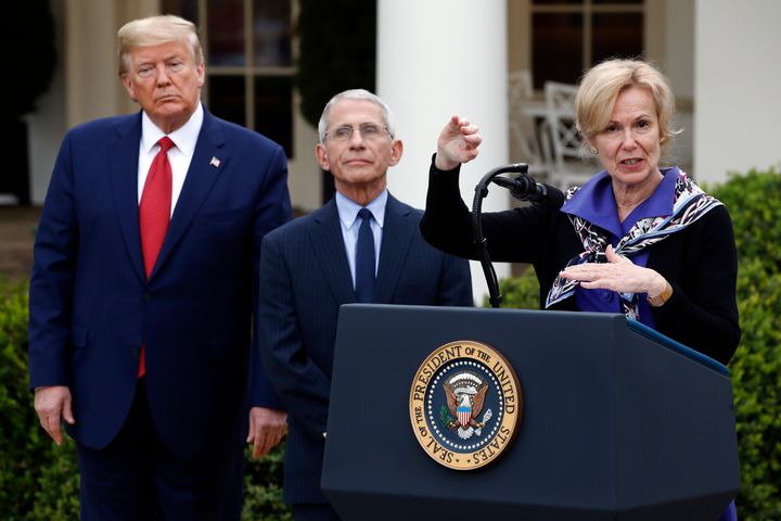 Dr. Deborah Birx, the White House coronavirus response coordinator, speaks during a coronavirus task force briefing Sunday at the White House along with President Donald Trump and Dr. Anthony Fauci.