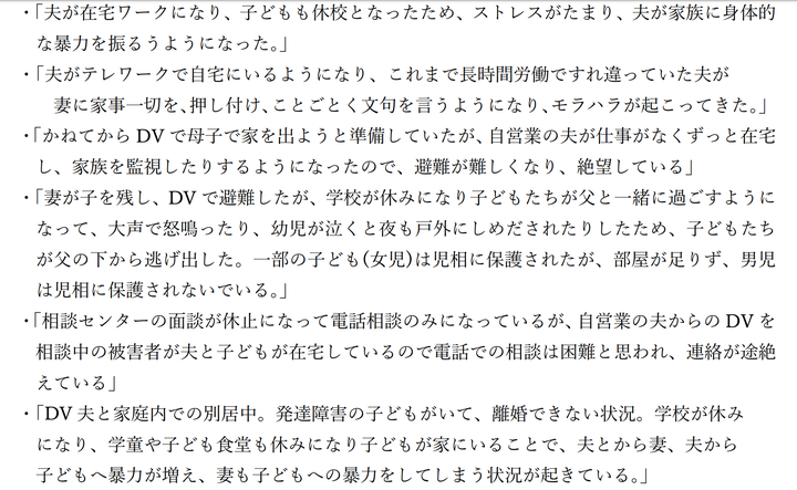 NPO法人「全国女性シェルターネット」が国に出した要望書の一部。被害者から寄せられた声が綴られている。