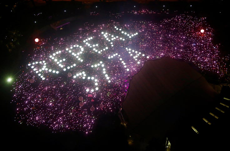 Participants of Pink Dot, an annual gay pride event in Singapore, gather in a formation calling for the repeal of Section 377A of Singapore's Penal Code in Singapore, June 29, 2019.