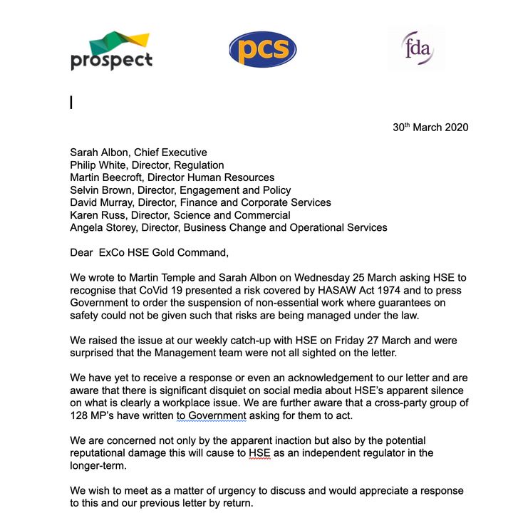The letter sent to the HSE by Prospect, the FDA and PCS